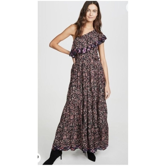 Free People What About Love Maxi Dress Printed One Shoulder Ruffle Belted XS - Picture 13 of 14